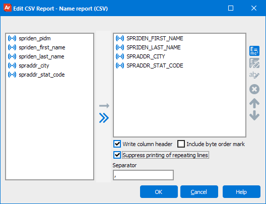 The Suppress printing of repeating lines box at the bottom of the Edit CSV Report dialog